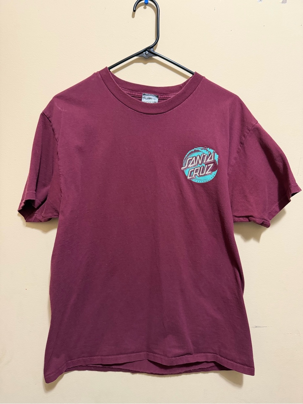 Santa Cruz Skateboards Men's Short Sleeve Tee in Maroon with Teal Logo